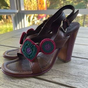 Prada Authentic Crochet Accent Brown & Purple Leather Heels Womens Size 37